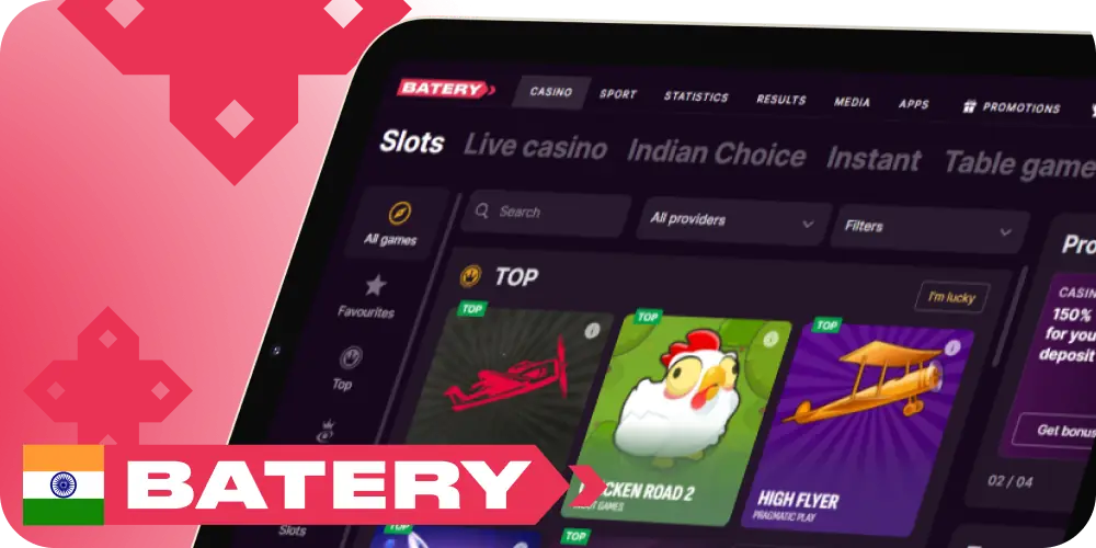 Casino games selection at Batery for Indian players